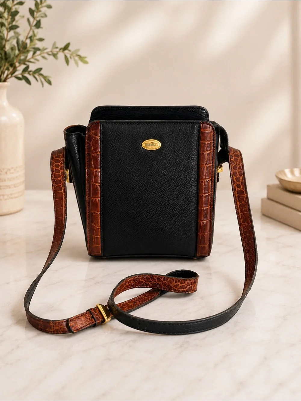 Bally Vintage Leather Crossbody Bag Black Brown Croc Embossed Shoulder Purse